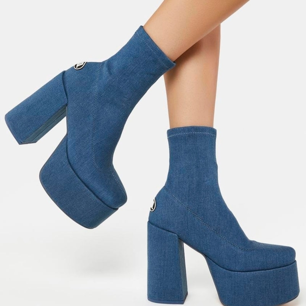 AZALEA WANG "Runway Rebel" Denim Blue Platform Sock Boots with Chunky Heel